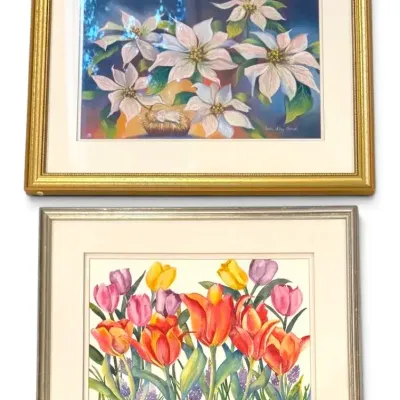 White Poinsettias & Colorful Tulips Pastel Watercolor Paintings, Signed by Local Artist