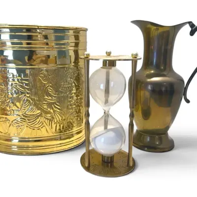 Brass Hourglass, Wastebasket, & Pitcher