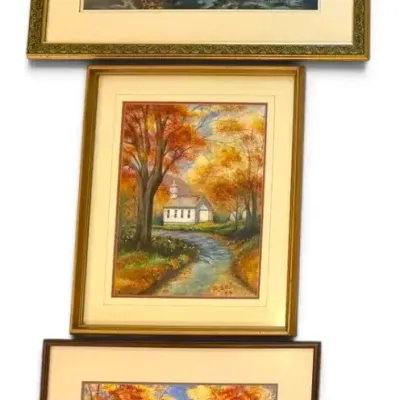 “A Stream in Gatlinburg”, Streamside Church, & Autumn Road Pastel Watercolor Paintings, Signed