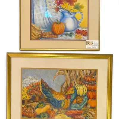 Original “Autumn Poultry” & “Autumn Medley” Pastel Watercolor Paintings, Signed by Local Artist