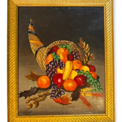 1964 Cornucopia Autumn Harvest Oil Painting, Signed by Local Artist