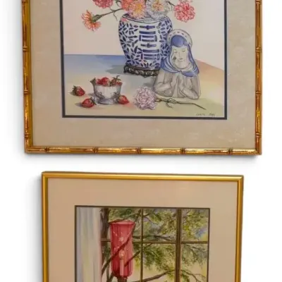 “The Cranberry Lamp” & Chinoiserie Jar Pastel Watercolor Paintings, Signed by Local Artist