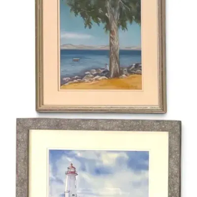 Alpine Beach & Lighthouse Shore Pastel Watercolor Paintings, Signed by Local Artist
