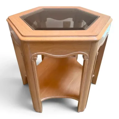Hexagonal Wooden End Table w/ Glass Top