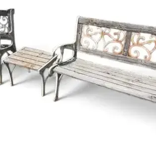Cast-Iron & Wood Slat Patio Set: Two-Person Garden Bench, Arm Chair, & Square Table