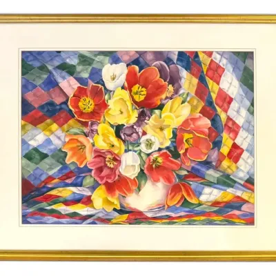 Vibrant Floral Bouquet on Quilt Backdrop Pastel Watercolor Painting, Signed by Local Artist