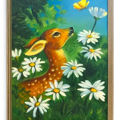 Vintage Spotted Fawn with Yellow Butterfly & Daisies Oil Painting, Signed by Local Artist