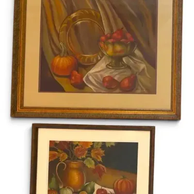 Autumn Leaves & Fruit Pastel Watercolor Paintings, Signed by Local Artist