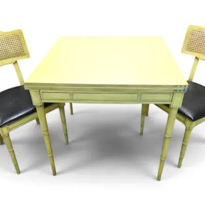 Vintage Yellow Faux Bamboo Table & Two Cane Back Chairs