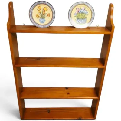 Hanging Wooden Plate Display Shelf W/ Godinger "Email de Limoges" Hand-Painted Porcelain Plates