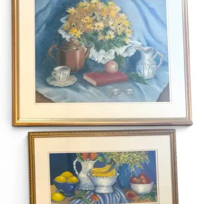 “Ready to Serve” & Yellow Floral Bouquet Pastel Watercolor Paintings, Signed by Local Artist