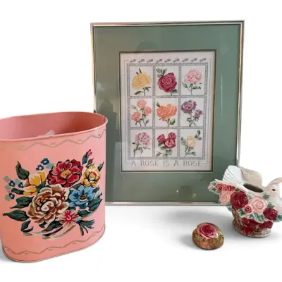 Vintage Floral Metal Wastebasket, Rose Cross-Stitch, Paperweight, & Ceramic Planter