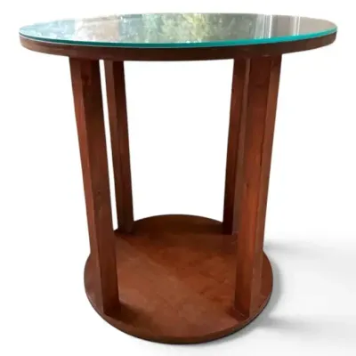Round Wooden Side Table with Glass Top