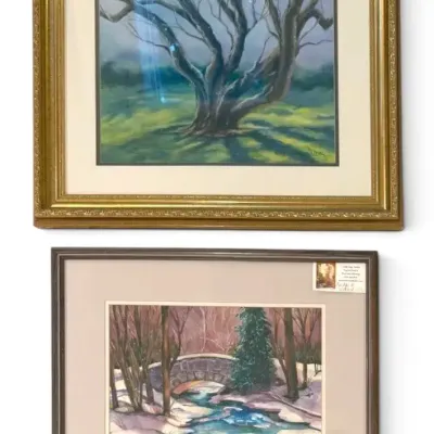 “Bridge at Millcreek” & Gnarled Tree Pastel Watercolor Paintings, Signed by Local Artist