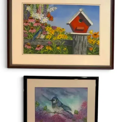 Birdhouse & Bluejay with Lilac Blossoms Pastel Watercolor Paintings, Signed by Local Artist