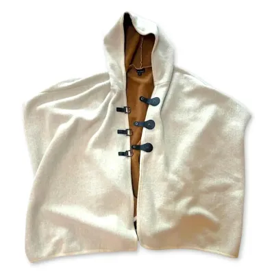 Coco & Carmen Off-White/Brown Hooded Poncho Cape with Leather Straps (Size S)