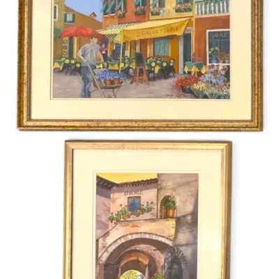 “Assisi” & Italian Market Pastel Watercolor Paintings, Signed by Local Artist
