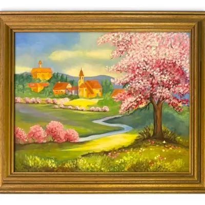 1975 Cherry Blossom Surrounding Country Village Oil Painting, Signed by Local Artist