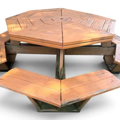 Wooden Octagonal Picnic Table w/ 4 Wooden V-Shaped Attached Seats