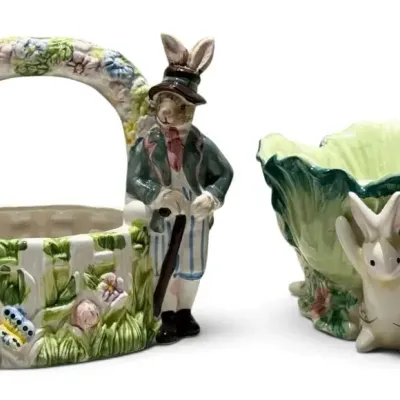 Ceramic Floral & Bunny Basket and Cabbage Bowl 