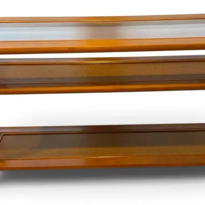 Tiered Faux-Bamboo Console Table w/ Glass Top & Woven Shelves