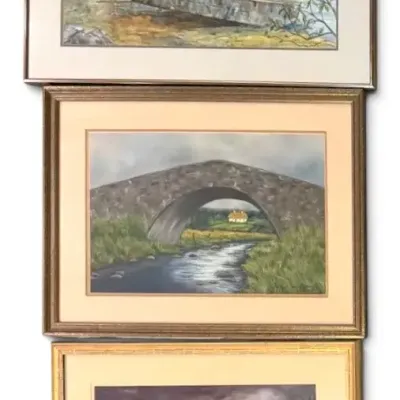 Boat on Lake, Country Bridge, & Beach Sunset Pastel Watercolor Paintings, Signed by Local Artist
