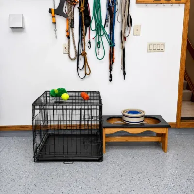 Sale Photo Thumbnail #205: This pet supply item features a 24-inch dog cage  and 11.25 in raised dog bowl stand The elevated design helps promote better posture for your pet while eating, making it an ideal addition for medium to large dogs. It alap includes a removable stoneware b