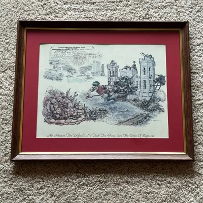 Sale Photo Thumbnail #54: This print by George Finley showcases an intricate illustration highlighting the hard work and dedication of the Corps of Engineers. The artwork features various scenes including bridges, fortifications, and engineering efforts with a historical document 