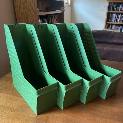 Sale Photo Thumbnail #311: This set of four Leitz letter file holders features a sturdy plastic construction with a textured design on the sides for enhanced grip and aesthetic appeal. The vibrant green color adds a retro touch ideal for organizing documents, magazines, or files in