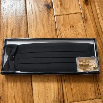 Sale Photo Thumbnail #59: U.S. Army formal mess dress accessory collection featuring a black pleated adjustable cummerbund and matching bow tie, presented in a fitted storage box. Also includes an assortment of gold-tone cufflinks, shirt studs and related formalwear accessories in