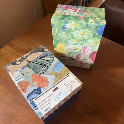 Sale Photo Thumbnail #309: This set includes two unique photo and video storage boxes, each featuring distinct and colorful designs. One box showcases a lively floral pattern with green, yellow, pink, and blue hues, resembling a vibrant garden scene. The other box is adorned with a