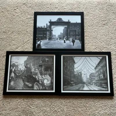Sale Photo Thumbnail #96: Set of three framed black-and-white historical Denver photographs featuring early 20th-century city scenes and important Denver landmarks.

The group includes “Welcome Arch Union Station – 1909,” showing Denver’s elaborate Welcome Arch spanning th