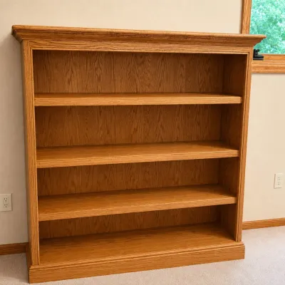 Sale Photo Thumbnail #181: This elegant set of two light oak wooden bookcases features classic crown molding and adjustable shelving, providing both style and versatility for your storage needs. Each bookcase measures 52 inches tall, 52 inches wide, and 14 inches deep, making them 
