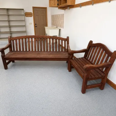 Sale Photo Thumbnail #195: This outdoor patio furniture set features two wooden benches designed for comfortable outdoor seating. The large bench measures 36.5 inches tall, 77.5 inches wide, and 20 inches deep, while the smaller bench is 36.5 inches tall, 35.5 inches wide, and 20 i