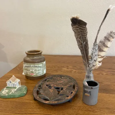 Sale Photo Thumbnail #284: This unique assortment of collectables includes a variety of vintage and decorative items, each with distinct character and charm. Highlights include a brown stoneware jar labeled 'moutarde à l'ancienne,' a small blue ceramic toothpick holder marked 'Pra