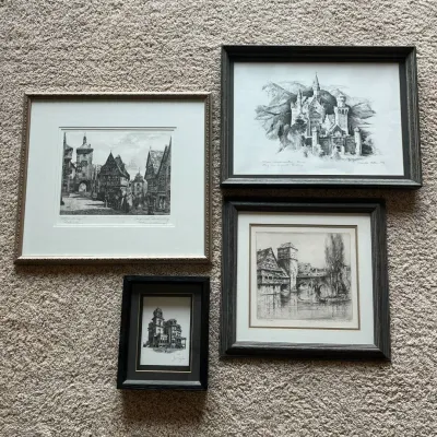 Sale Photo Thumbnail #92: Collection of four framed architectural and European city-view artworks by various artists. Includes a Paul Geissler original etching depicting Nürnberg (Nuremberg), pencil titled “Nürnberg” and inscribed “Original-Radierung von Prof. Paul Geissle