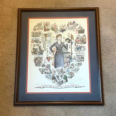 Sale Photo Thumbnail #41: Vintage George Finley military art print titled “Service With A Heart – The Military Wife.” This detailed color illustration pays tribute to the many roles and responsibilities of a military spouse, with a central military wife surrounded by numerou