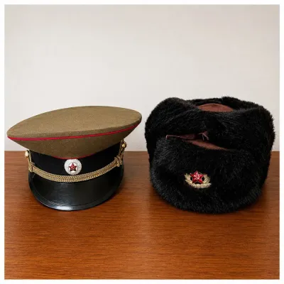 Sale Photo Thumbnail #12: Pair of vintage Soviet military headgear dating to the late Cold War era, including an olive drab officer-style visor cap and black fur winter ushanka.

The visor cap features an olive crown with red piping, black band and visor, gold braided chin cord, a
