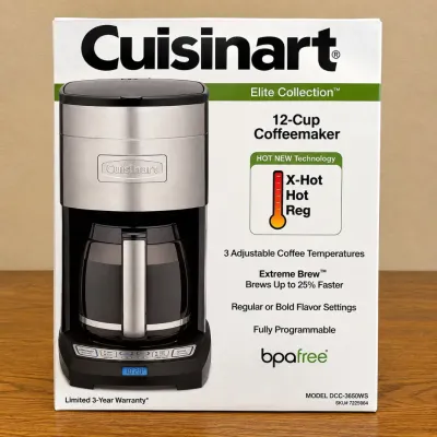 Sale Photo Thumbnail #248: This Cuisinart Elite Collection 12-Cup Coffeemaker features advanced brewing technology with three adjustable coffee temperatures including X-Hot, Hot, and Regular settings, allowing you to customize the perfect cup. It boasts the Extreme Brew feature tha