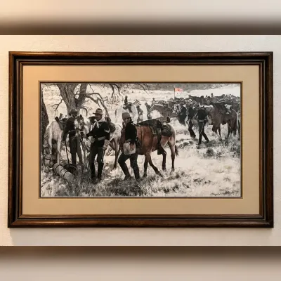 Sale Photo Thumbnail #39: Framed limited-edition lithograph titled “Bivouac” by noted American Western and military artist Don Stivers (1926–2009). The detailed scene depicts U.S. Cavalry soldiers tending to their horses at the end of the day, with additional mounted troops 