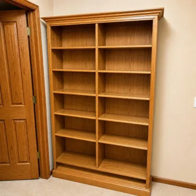 Sale Photo Thumbnail #182: This light oak wooden bookcase features a classic crown molding that adds an elegant touch to any room. It includes adjustable shelving, allowing you to customize the storage space to fit your needs. Measuring 78 inches tall, 48 inches wide, and 12 inches