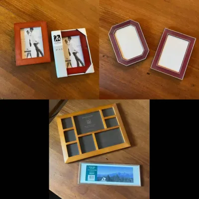 Sale Photo Thumbnail #310: This collection features a variety of photo frames including a warm-toned wooden collage frame by Jennifer Moore, a slim panoramic metal frame, two rustic cherry wood frames in a 5x7 size, and two elegant burgundy frames with gold trim. Highlighted are na
