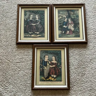 Sale Photo Thumbnail #4: Set of three framed 19th-century Currier & Ives children’s prints, including Little Brother & Sister and two additional charming scenes depicting children in period dress.

Little Brother & Sister bears the Currier & Ives, 152 Nassau St., New York publi