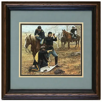 Sale Photo Thumbnail #40: Framed military artwork titled “The Staff Ride” by noted American military and Western artist Don Stivers (1926–2009). The scene depicts mounted U.S. Army officers participating in a traditional staff ride field exercise, studying terrain and milita