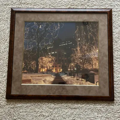 Sale Photo Thumbnail #102: Large framed color photograph depicting a snowy urban park illuminated by thousands of holiday lights, believed to show Rice Park in downtown St. Paul, Minnesota. Rice Park is well known for its winter and holiday light displays. 

The atmospheric nightti
