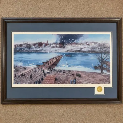 Sale Photo Thumbnail #48: Large framed Dale Gallon “Essayons: Engineers at Fredericksburg” limited-edition Civil War print depicting soldiers of the 50th New York Engineers attempting to construct a pontoon bridge across the Rappahannock River under fire during the Battle of F