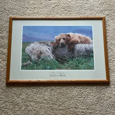 Sale Photo Thumbnail #89: rofessionally framed Thomas D. Mangelsen “Life’s a Bear” wildlife poster featuring a brown bear relaxing across a large piece of driftwood on the Alaska Peninsula. The image is one of Mangelsen’s recognized brown bear photographs; his official gal