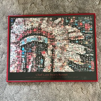 Sale Photo Thumbnail #109: Framed “Chief Lone Bear’s Bonnet” photographic mosaic poster associated with the Heart of America Council and H. Roe Bartle Scout Reservation. The large central image forms a Native American-style profile/headdress composition created from hundreds 