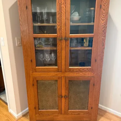 Solid Oak Cabinet W/glass And Tin Doors