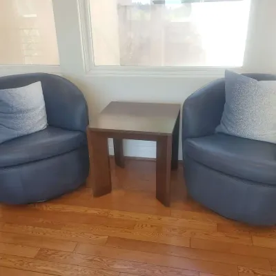 Blue grey Leather Swivel Chairs Pair And Side Table